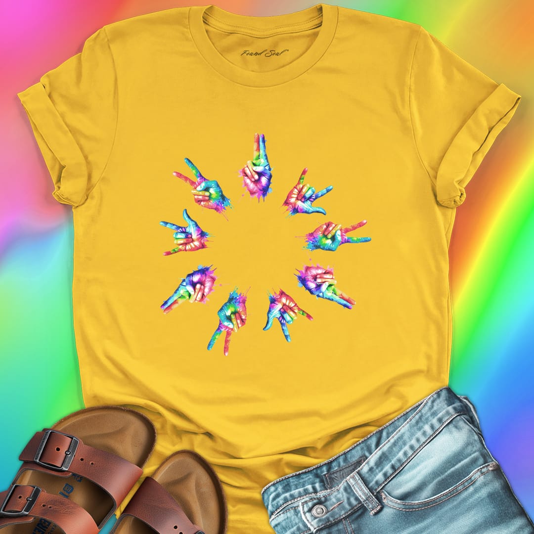 Rainbow tie-dye hands arranged in circle yellow t-shirt for unity harmony peace community building spiritual connection inclusive love