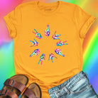 Rainbow tie-dye hands arranged in circle gold t-shirt for unity harmony peace community building spiritual connection inclusive love