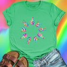 Rainbow tie-dye hands arranged in circle green t-shirt for unity harmony peace community building spiritual connection inclusive love