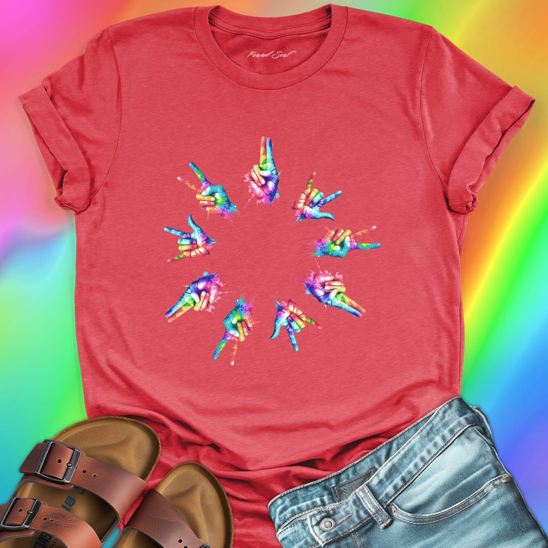 Rainbow tie-dye hands arranged in circle red t-shirt for unity harmony peace community building spiritual connection inclusive love