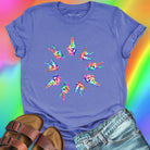 Rainbow tie-dye hands arranged in circle purple t-shirt for unity harmony peace community building spiritual connection inclusive love