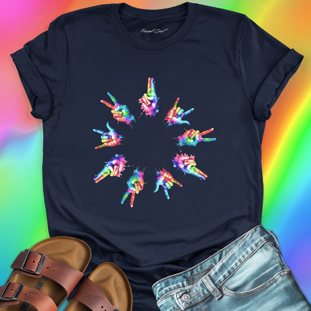 Rainbow tie-dye hands arranged in circle navy t-shirt for unity harmony peace community building spiritual connection inclusive love