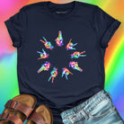 Rainbow tie-dye hands arranged in circle navy t-shirt for unity harmony peace community building spiritual connection inclusive love