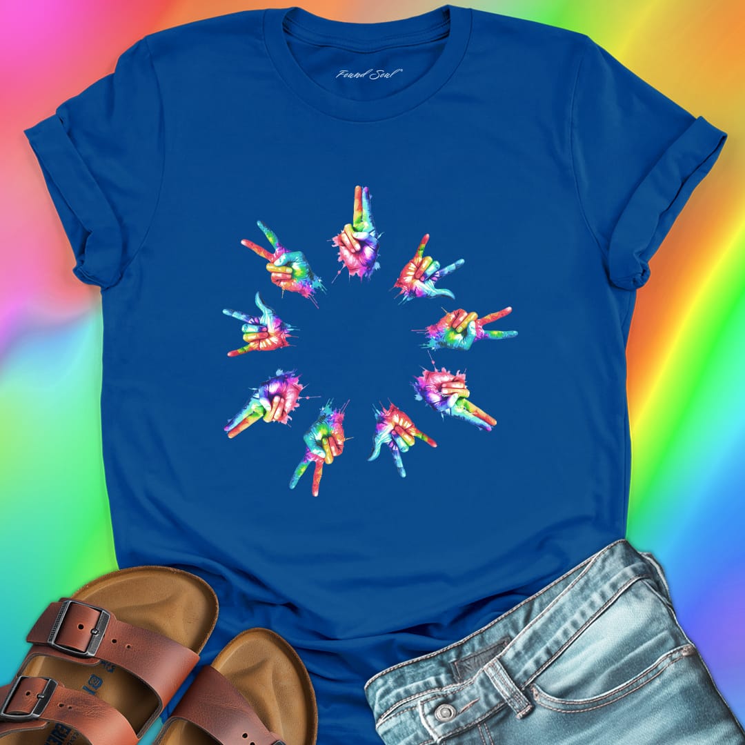 Rainbow tie-dye hands arranged in circle blue t-shirt for unity harmony peace community building spiritual connection inclusive love