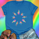 Rainbow tie-dye hands arranged in circle blue t-shirt for unity harmony peace community building spiritual connection inclusive love