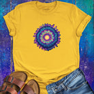 Vibrant mandala rainbow tones yellow t-shirt for color vibration frequency spiritual resonance pattern