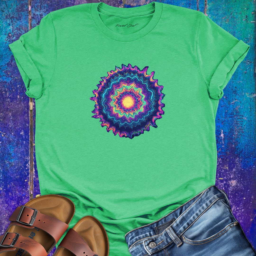Vibrant mandala rainbow tones green t-shirt for color vibration frequency spiritual resonance pattern