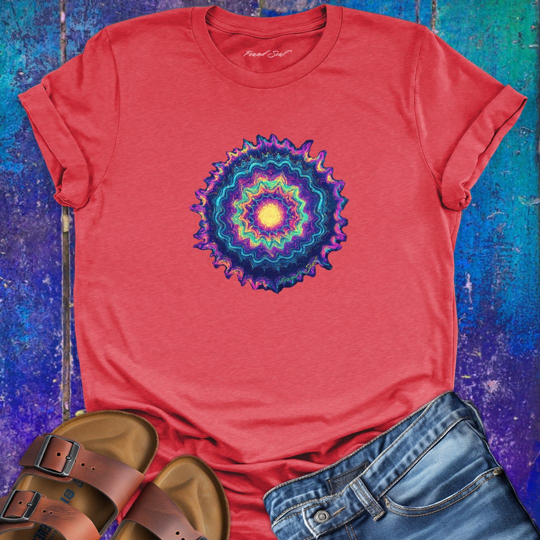 Vibrant mandala rainbow tones red t-shirt for color vibration frequency spiritual resonance pattern