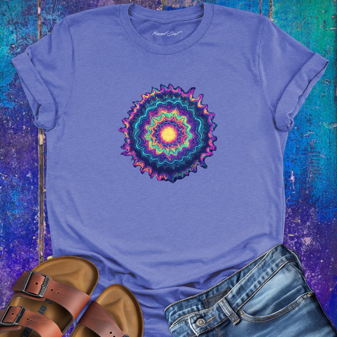 Vibrant mandala rainbow tones purple t-shirt for color vibration frequency spiritual resonance pattern