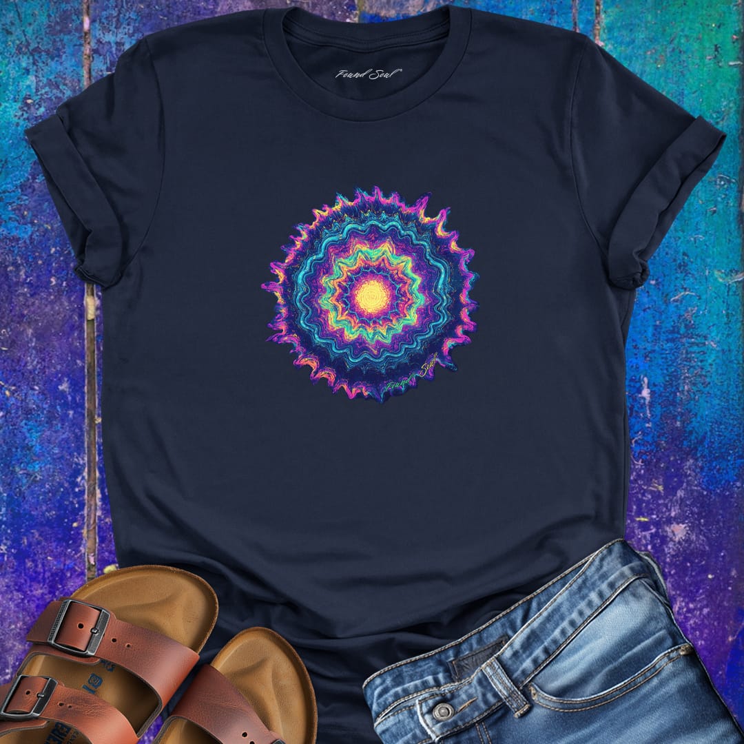 Vibrant mandala rainbow tones navy t-shirt for color vibration frequency spiritual resonance pattern
