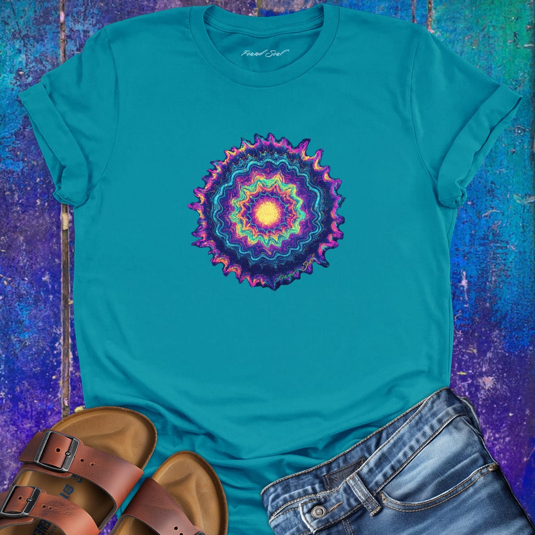 Vibrant mandala rainbow tones turquoise t-shirt for color vibration frequency spiritual resonance pattern