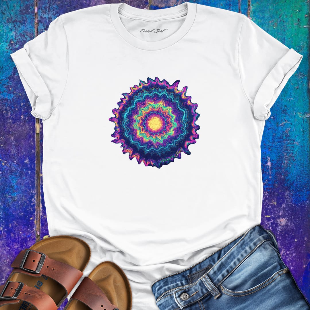 Vibrant mandala rainbow tones white t-shirt for color vibration frequency spiritual resonance pattern