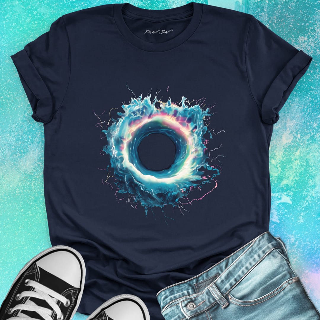 Electric blue cosmic ring with lightning edges navy t-shirt for cosmic gateway energy threshold lightning portal dimensional crossing spiritual voltage