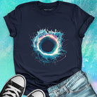 Electric blue cosmic ring with lightning edges navy t-shirt for cosmic gateway energy threshold lightning portal dimensional crossing spiritual voltage