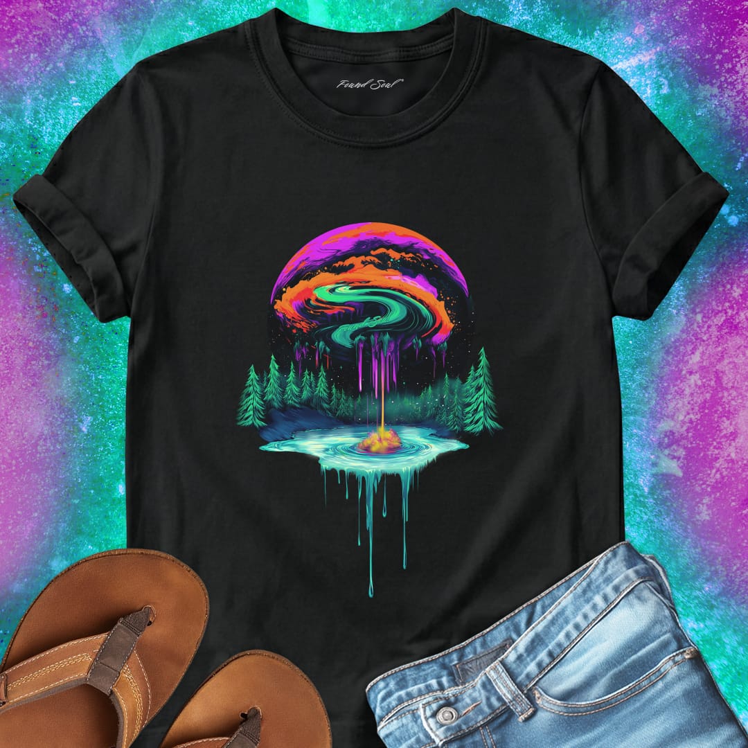 Floating water island with fire center evergreen trees and cosmic planet black t-shirt for elemental balance.