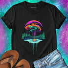 Floating water island with fire center evergreen trees and cosmic planet black t-shirt for elemental balance.