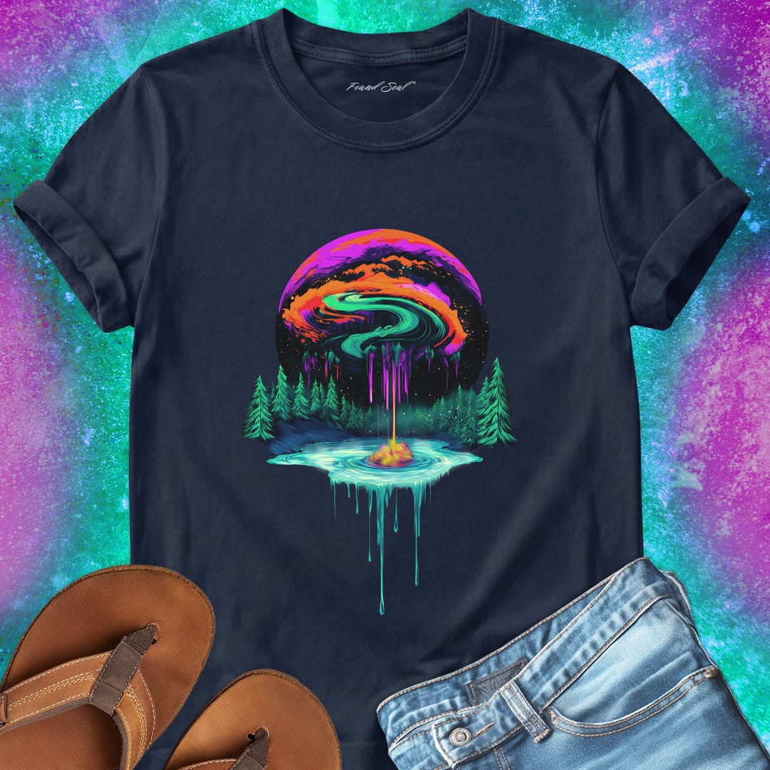 Floating water island with fire center evergreen trees and cosmic planet navy t-shirt for elemental balance.
