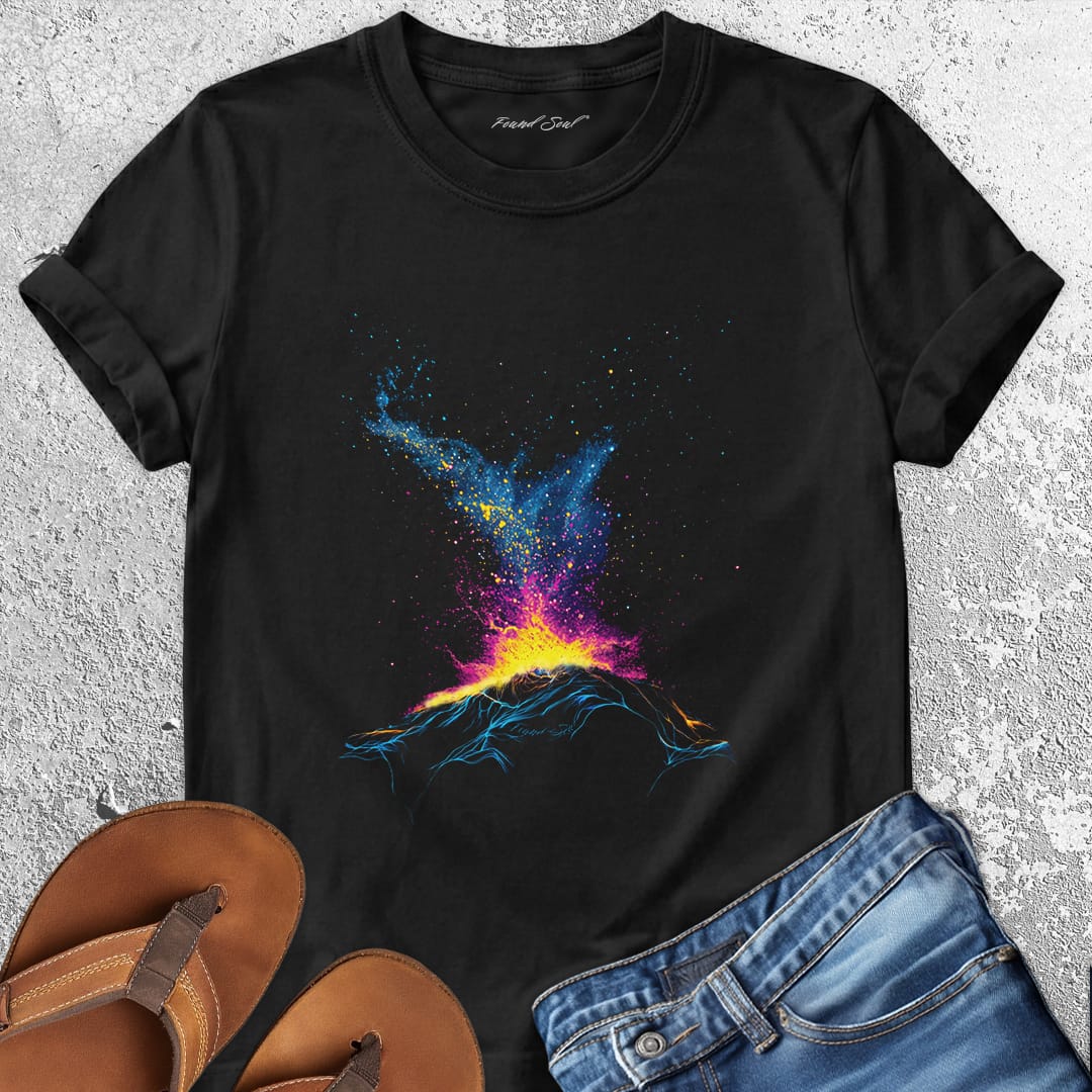Volcano erupting with cosmic fire and stars black t-shirt for cosmic inferno volcanic transformation creative eruption spiritual heat growth