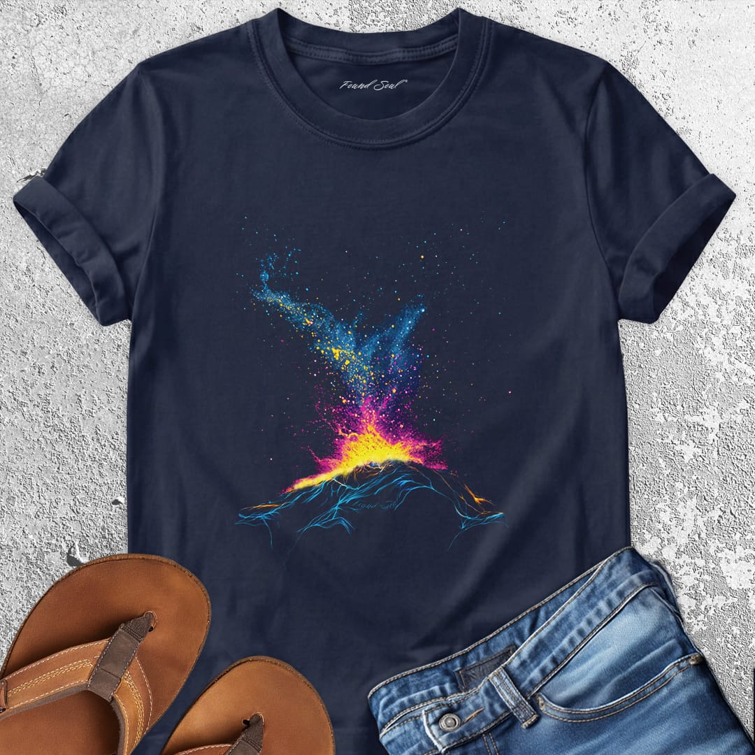 Volcano erupting with cosmic fire and stars navy t-shirt for cosmic inferno volcanic transformation creative eruption spiritual heat growth