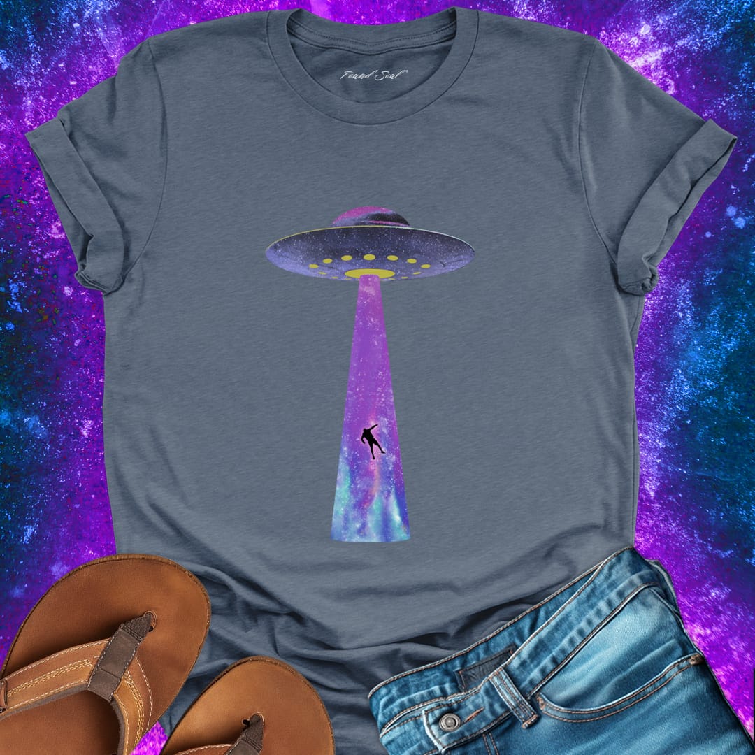 UFO beaming grey t-shirt for starseeds and cosmic belonging.