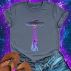 UFO beaming grey t-shirt for starseeds and cosmic belonging.
