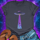 UFO beaming grey t-shirt for starseeds and cosmic belonging.