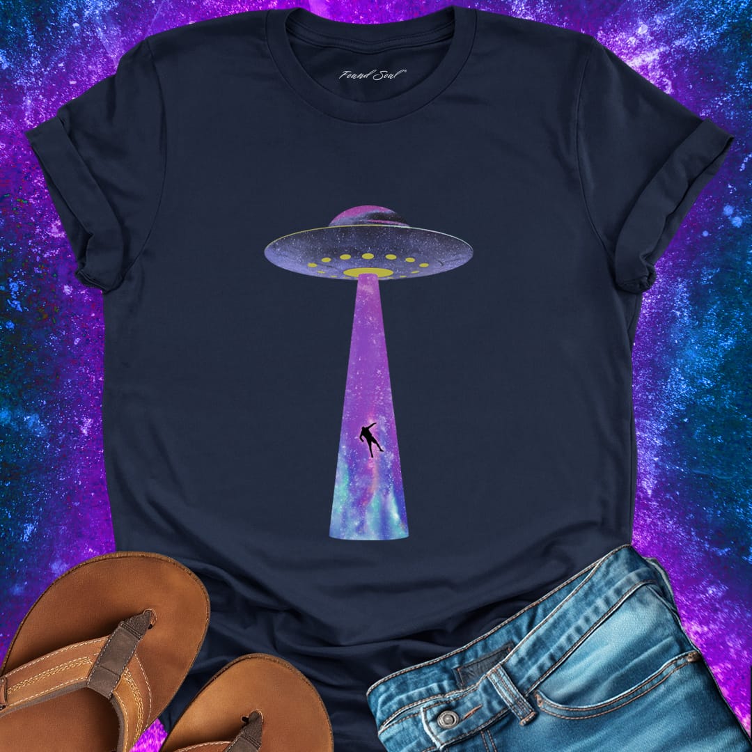 UFO beaming navy t-shirt for starseeds and cosmic belonging.