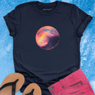 Sunset wave circular navy t-shirt for coming ocean sunrises and new beginnings.