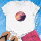 Sunset wave circular white t-shirt for coming ocean sunrises and new beginnings.