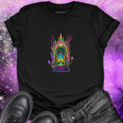 Doorway of vibrant realms rainbow portal black t-shirt. Celebrating sacred thresholds, transformation, and crossing into new dimensions.