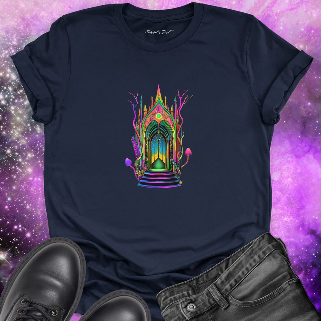 Doorway of vibrant realms rainbow portal navy t-shirt. Celebrating sacred thresholds, transformation, and crossing into new dimensions.