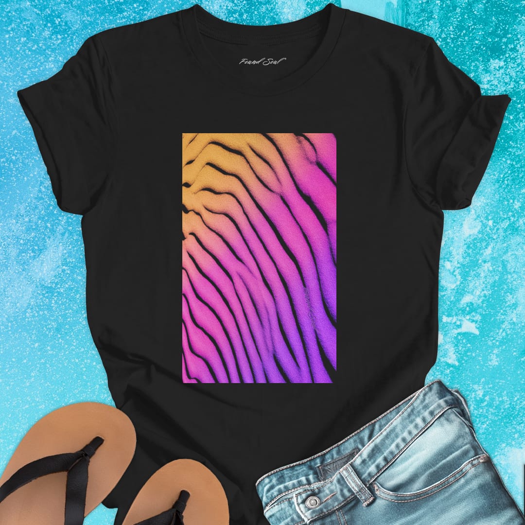 Flowing wave patterns etched in sand black t-shirt for water signature sand memory imprint flow spiritual marking