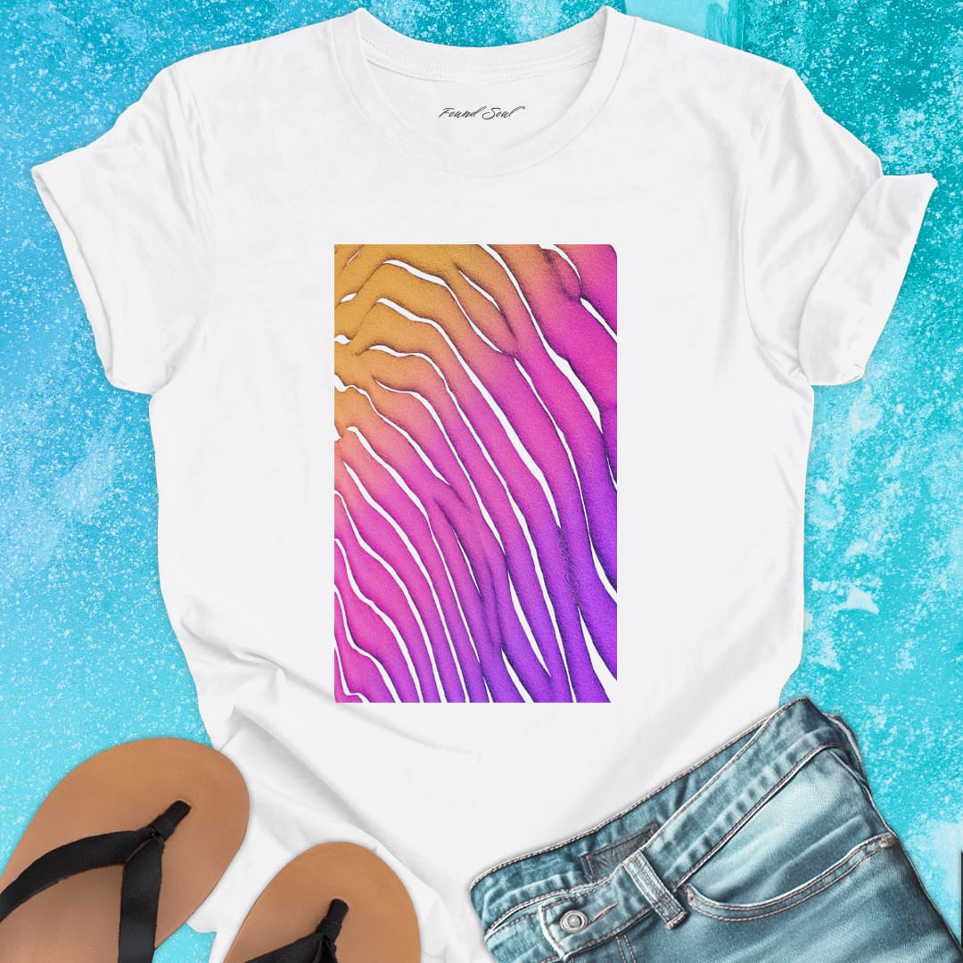 Flowing wave patterns etched in sand white t-shirt for water signature sand memory imprint flow spiritual marking