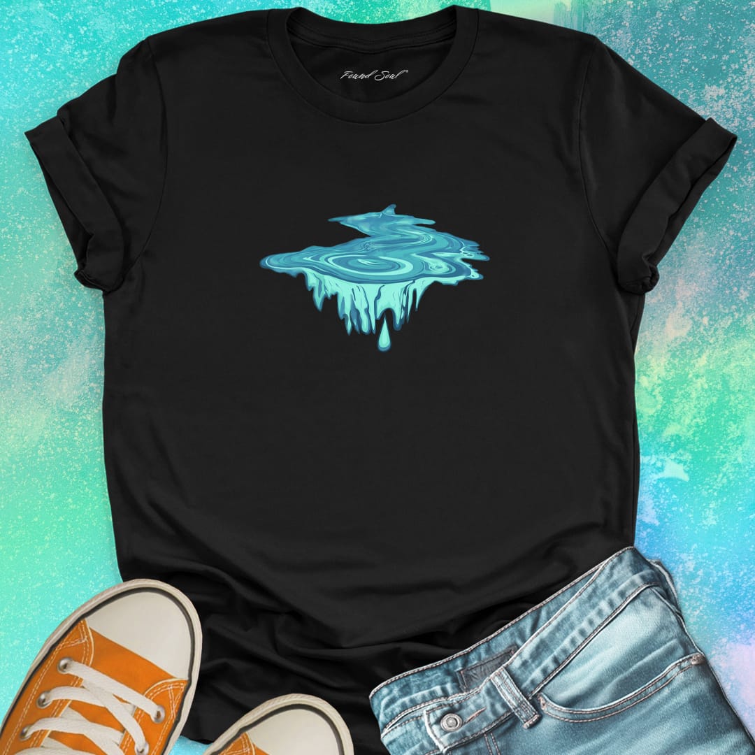 Water droplet portal with dripping icicles black t-shirt for eternity depth endless falling water wisdom spiritual trust bottomless