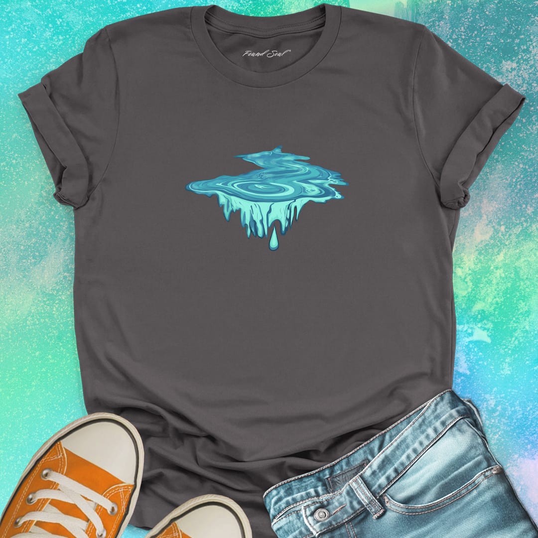 Water droplet portal with dripping icicles grey t-shirt for eternity depth endless falling water wisdom spiritual trust bottomless