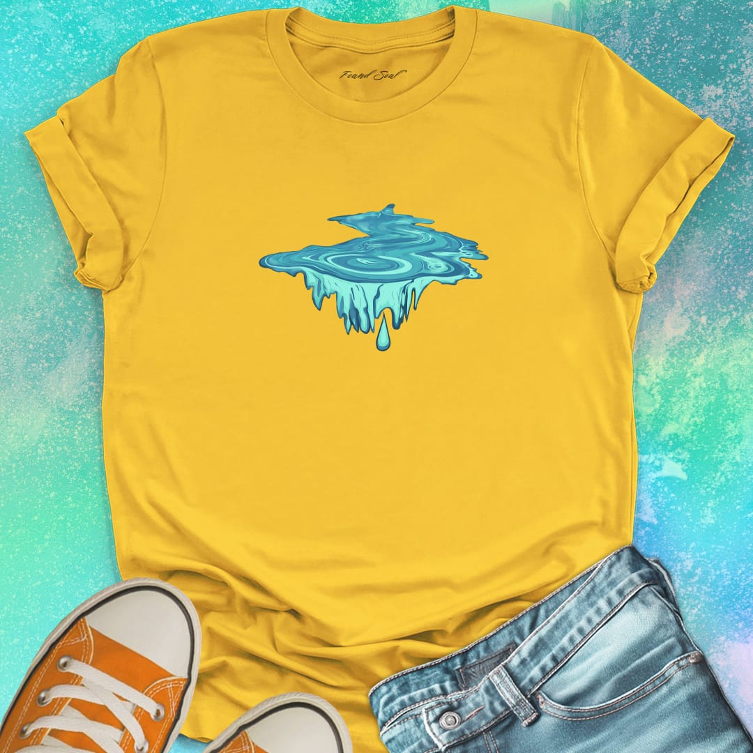 Water droplet portal with dripping icicles yellow t-shirt for eternity depth endless falling water wisdom spiritual trust bottomless