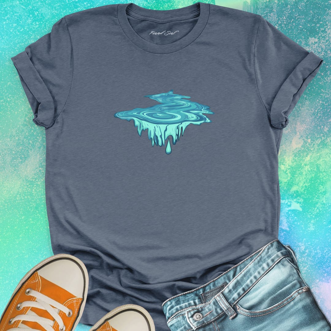 Water droplet portal with dripping icicles grey t-shirt for eternity depth endless falling water wisdom spiritual trust bottomless
