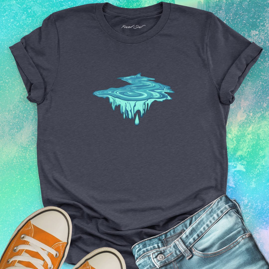 Water droplet portal with dripping icicles dark grey t-shirt for eternity depth endless falling water wisdom spiritual trust bottomless