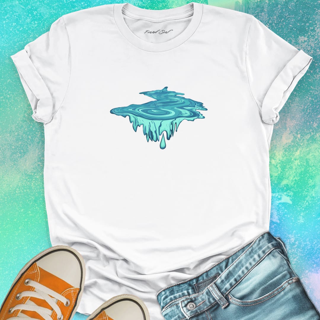 Water droplet portal with dripping icicles white t-shirt for eternity depth endless falling water wisdom spiritual trust bottomless