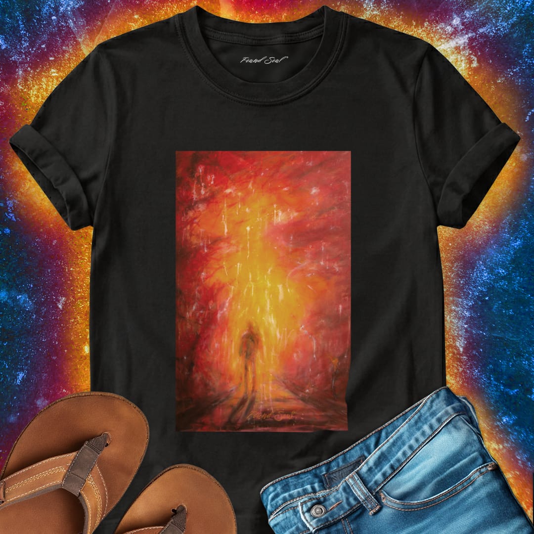 Ember fire portal on black t-shirt for intense initiation into intense transformation spiritual trial