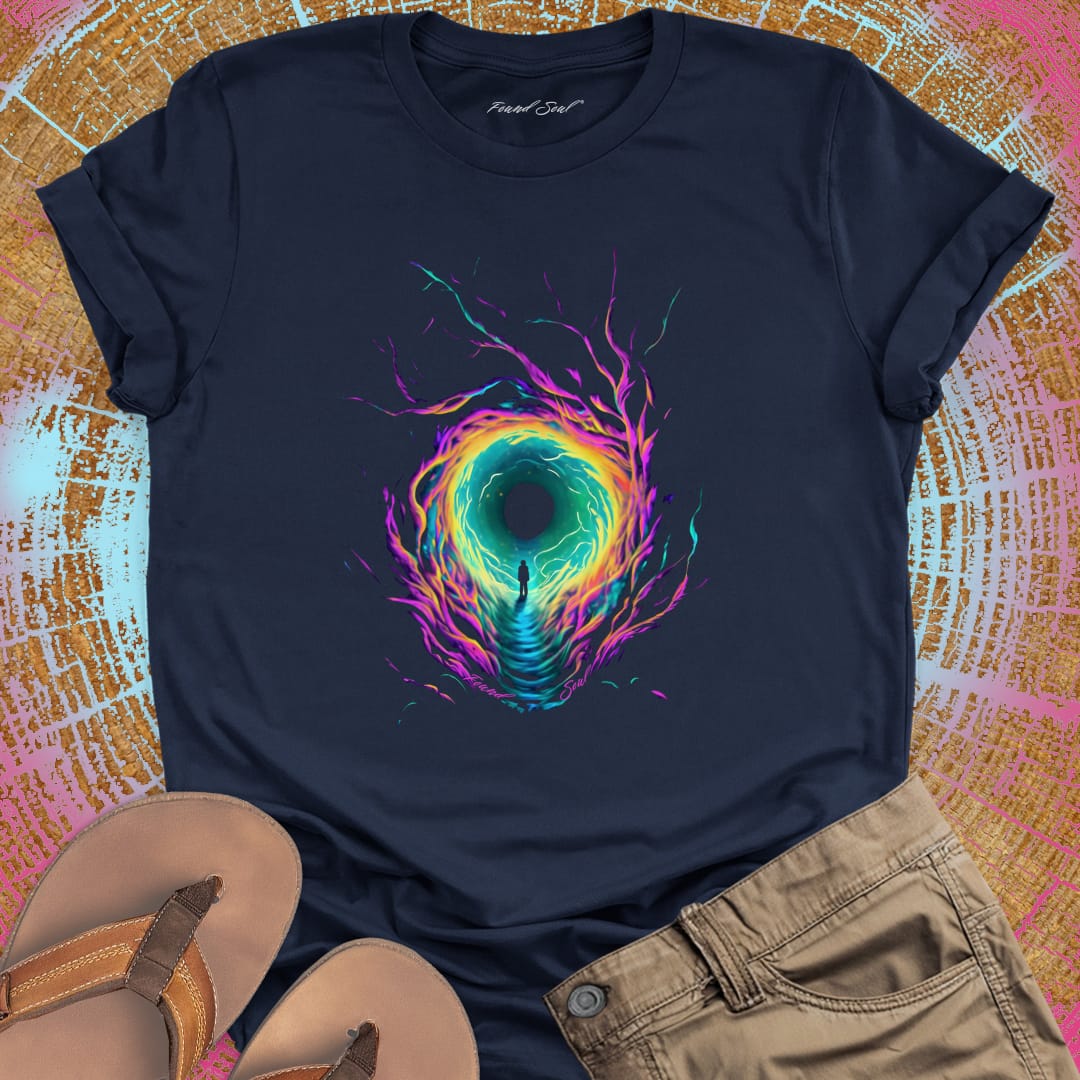 Portal navy t-shirt for consciousness exploration and inner journey spiritual apparel.