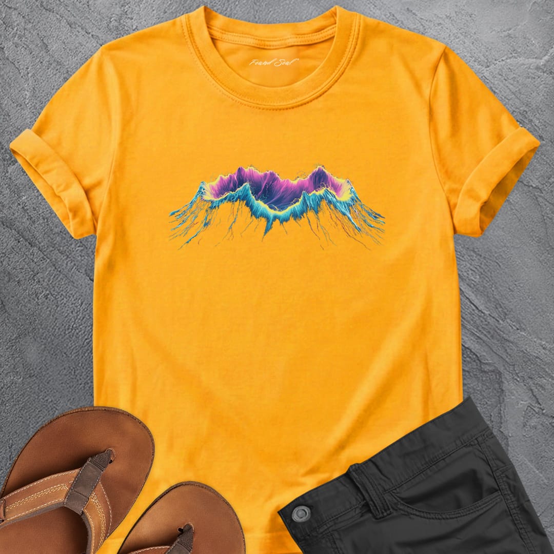Glowing ancient volcano gold t-shirt for creative fire core power earth shaping spiritual strength