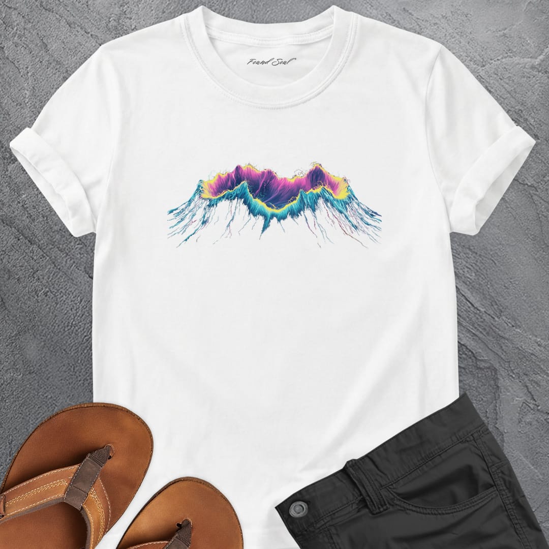 Glowing ancient volcano white t-shirt for creative fire core power earth shaping spiritual strength
