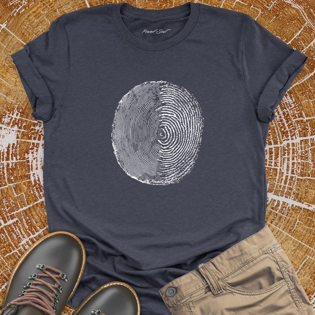 Tree ring and thumbprint design on grey t-shirt for nature identity growth layers