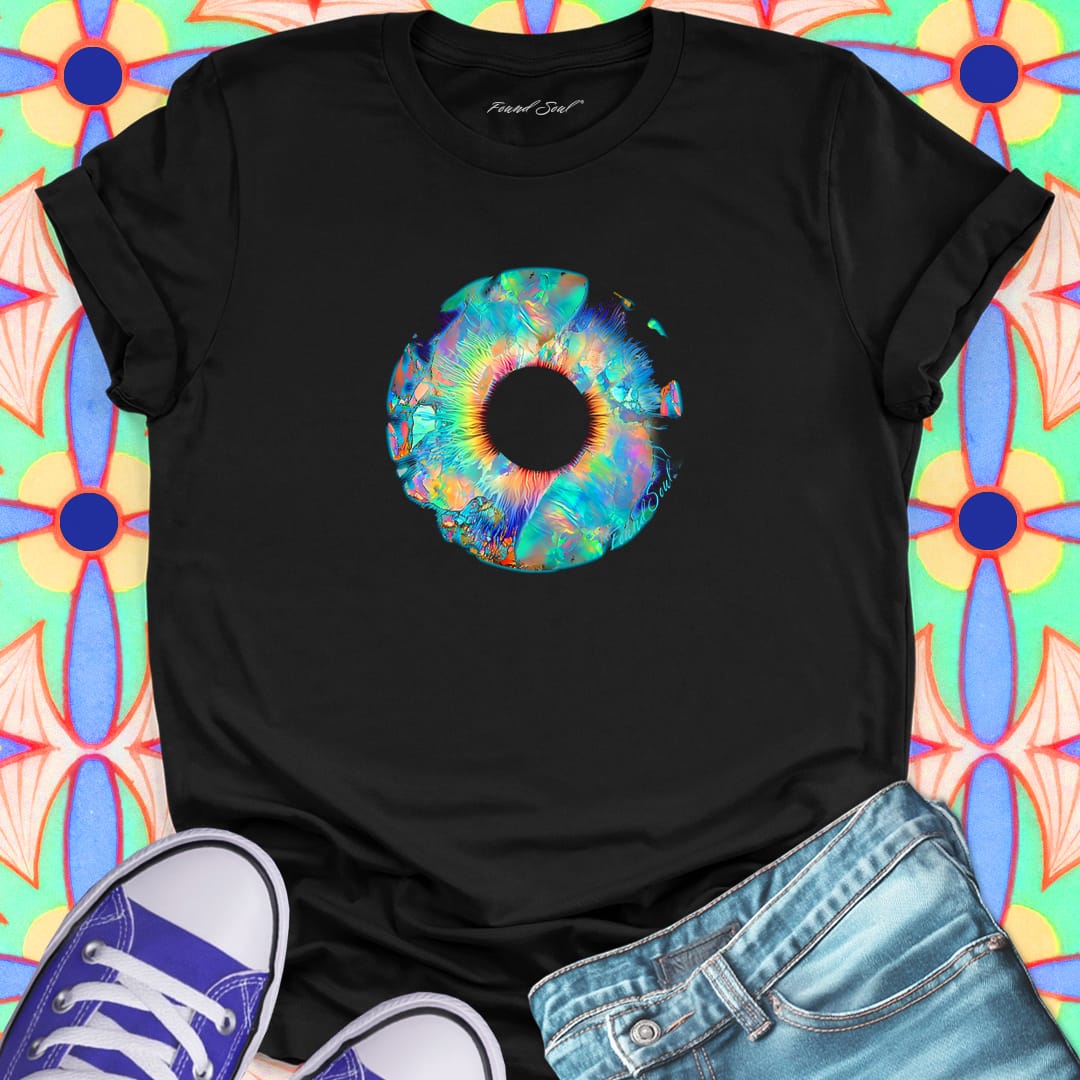 Vibrant crystalline ring in rainbow iridescent tones black t-shirt for ethereal perception light bending dimensional awareness spiritual vision