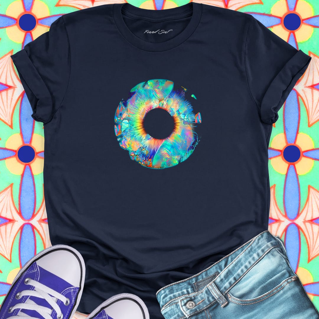 Vibrant crystalline ring in rainbow iridescent tones navy t-shirt for ethereal perception light bending dimensional awareness spiritual vision