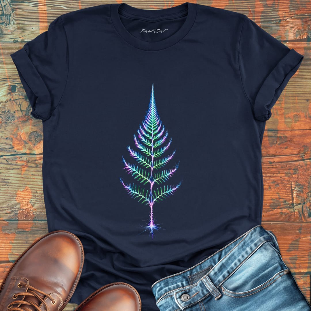 Glowing fern navy t-shirt for slow growth and patience.