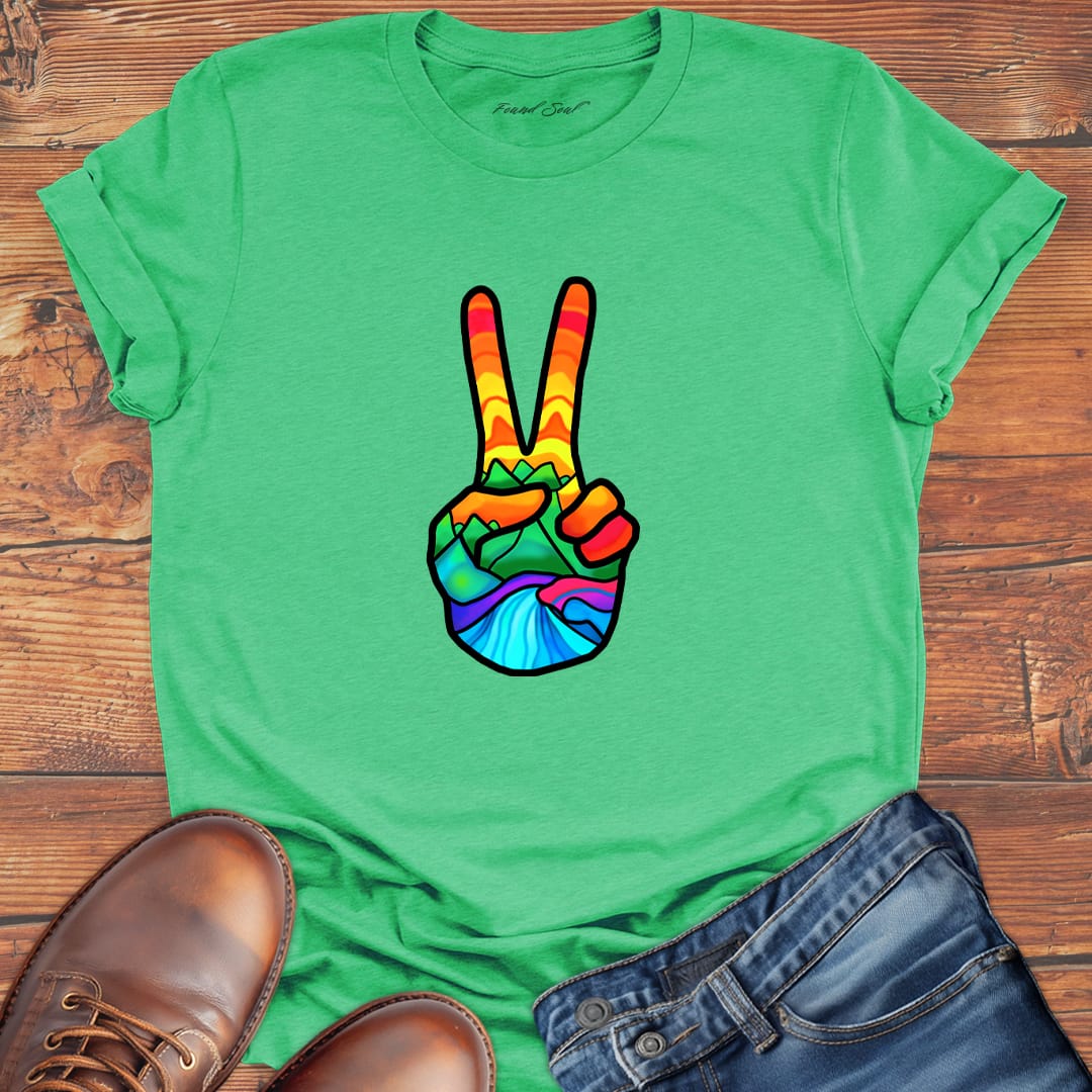 Vibrant peace hand filled with nature green t-shirt for finding peace wilderness ease nature grounding spiritual calm