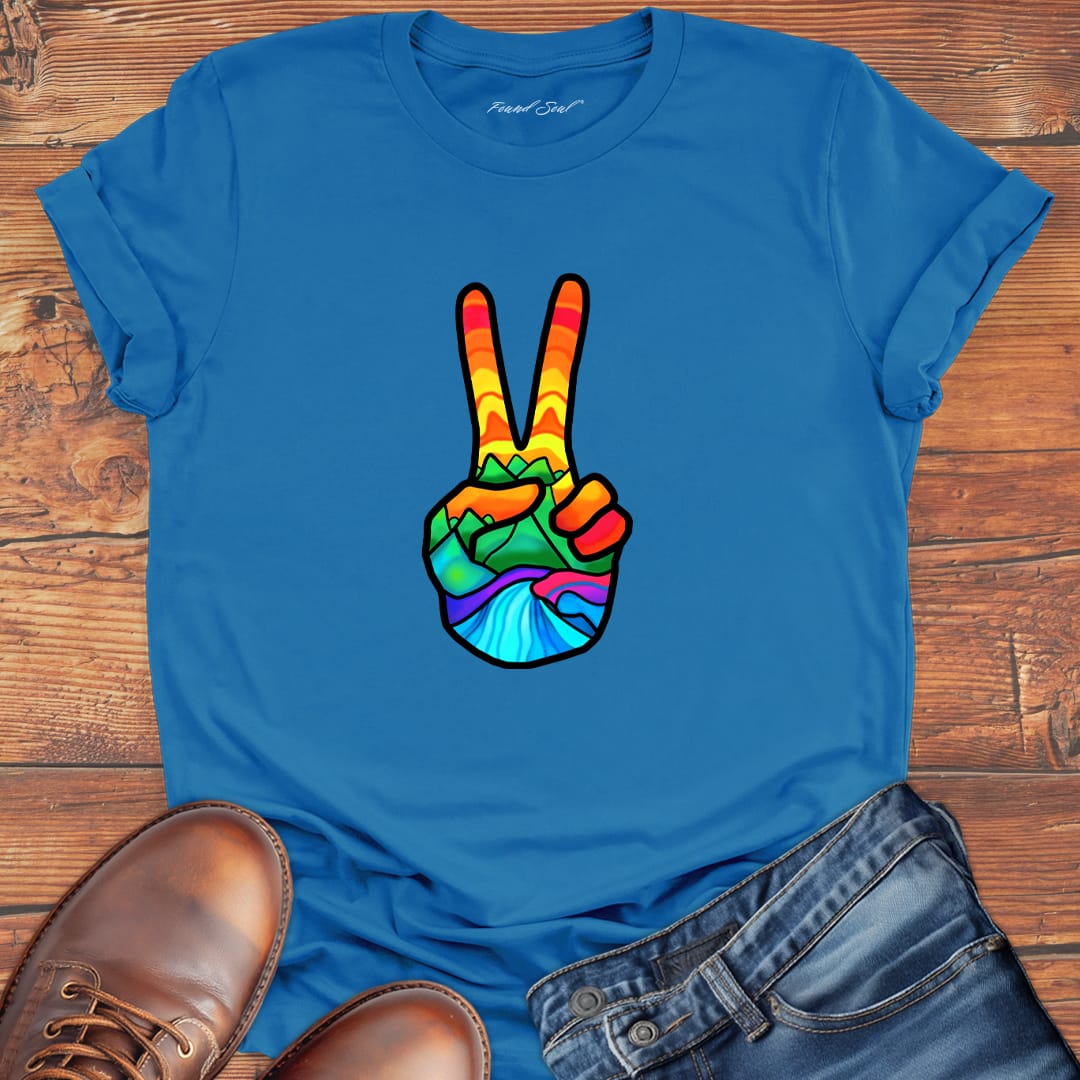 Vibrant peace hand filled with nature blue t-shirt for finding peace wilderness ease nature grounding spiritual calm