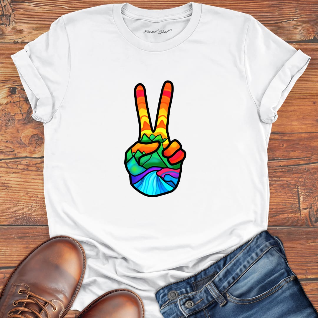 Vibrant peace hand filled with nature white t-shirt for finding peace wilderness ease nature grounding spiritual calm